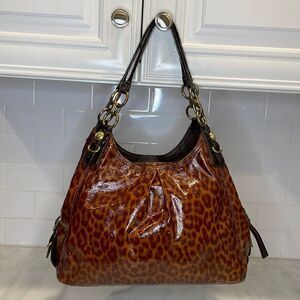 Coach Purse Handbag Leather Maggie Mia Ocelot Gloss Patent Hobo Shoulder Bag